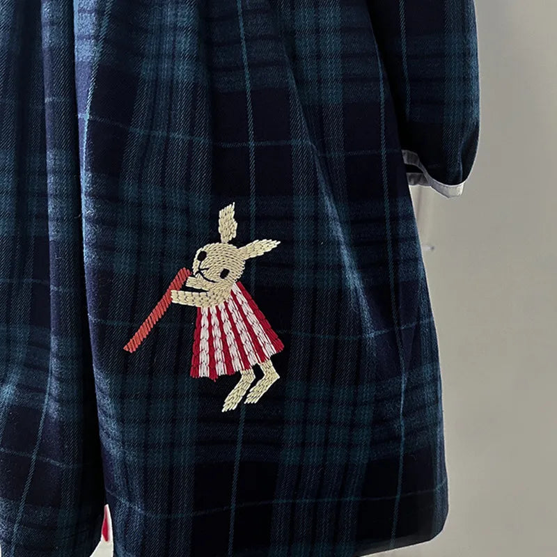 Plaid Carton Bunny Rabbit Embroidery - Dress (2-12Y)