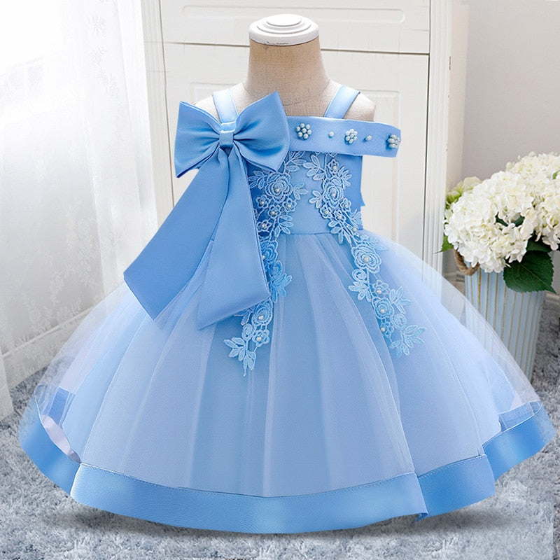 Gaby Summer Flower Sky Blue Bow dress occasion  0-3Y - Gabriellesboutique