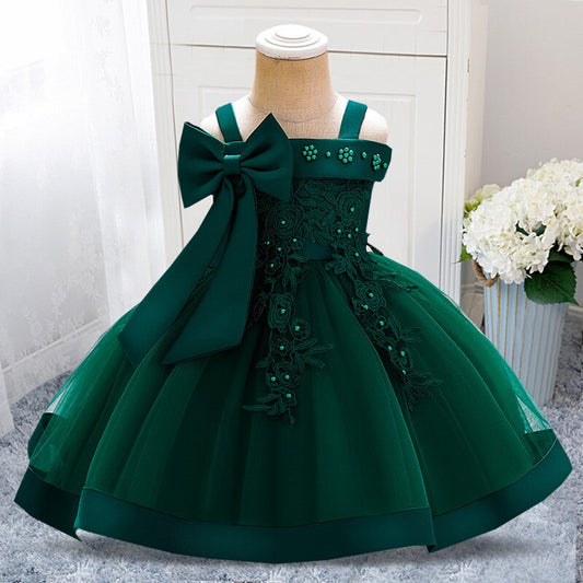 Gaby Summer Flower Dark Green Bow dress occasion  0-3Y - Gabriellesboutique